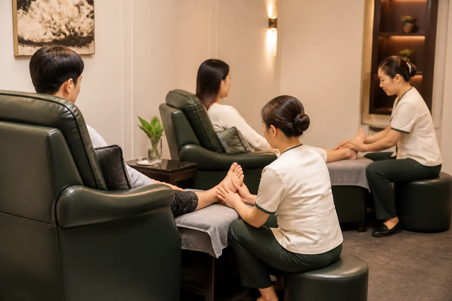 Two adjacent Privé reflexology chairs for a shared experience